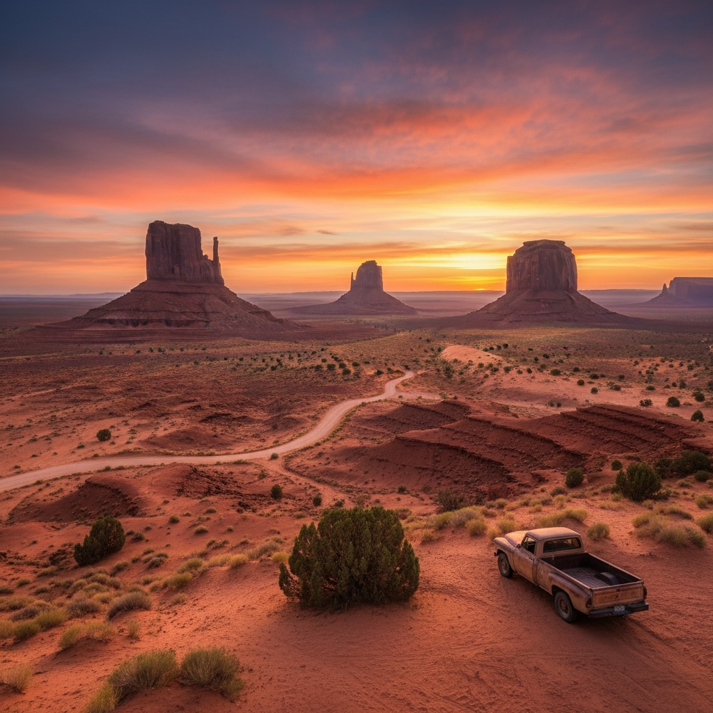 A rusty pickup truck sits on a red dirt hill overlooking Monument Valley at sunset.
